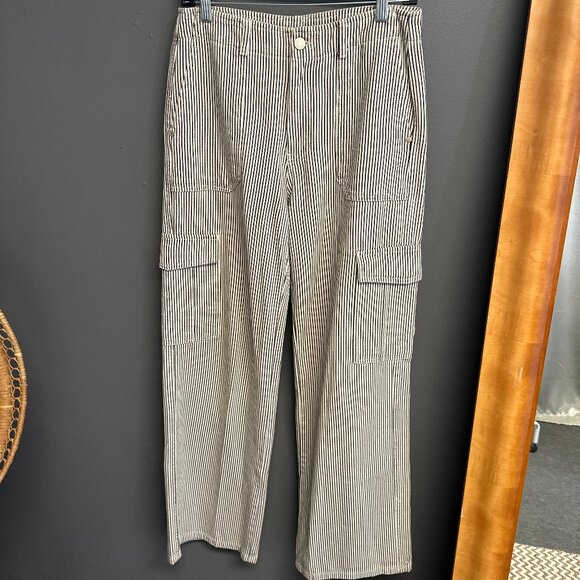 Pull & Bear Womens Size 4 Pants Pinstriped Denim Wide Leg 100% Cotton Cargo - Picture 1 of 6